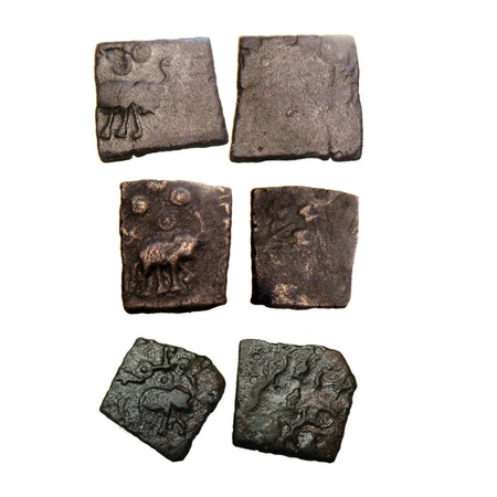 Satavahana, Sri Satakarni, Copper unit (3 Coins), Elephant Type, Obv: Elephant walking to 