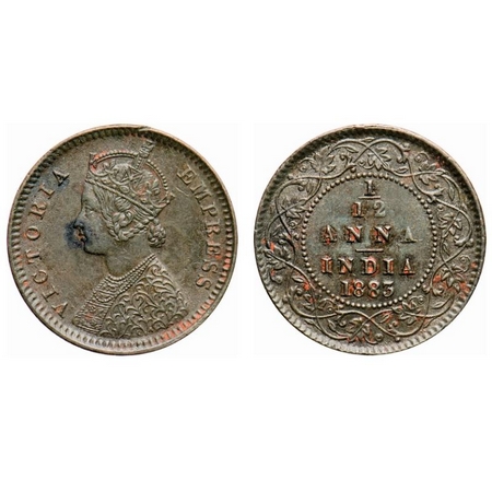 Victoria Empress, Copper, 1/12 Anna, 1883, Calcutta Mint, Obv B, 'C' incused. F. Prid # 78