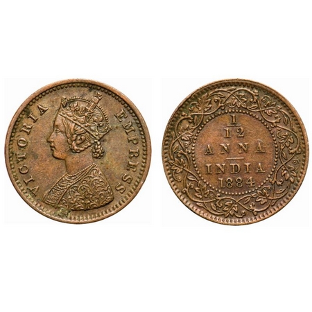 Victoria Empress, Copper, 1/12 Anna, 1884, Bombay Mint, Obv A, No mint mark, Die crack on 