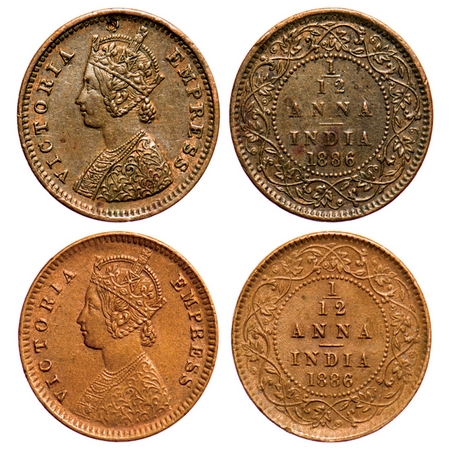 Victoria Empress, Copper, 1/12 Anna (2 coins), 1886, 1) Bombay Mint, Obv A, No mint mark (