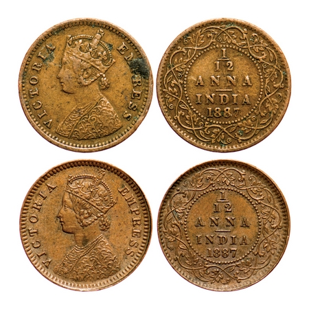 Victoria Empress, Copper, 1/12 Anna (2 coins), 1887, 1) Bombay Mint, Obv A, No mint mark, 