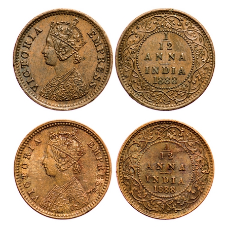 Victoria Empress, Copper, 1/12 Anna (2 coins), 1888, 1) Bombay Mint, Obv A, No mint mark, 