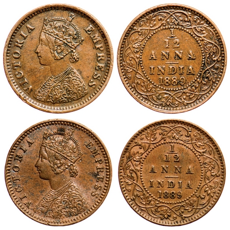 Victoria Empress, Copper, 1/12 Anna (2 coins), 1889, 1) Bombay Mint, Obv A, No mint mark, 