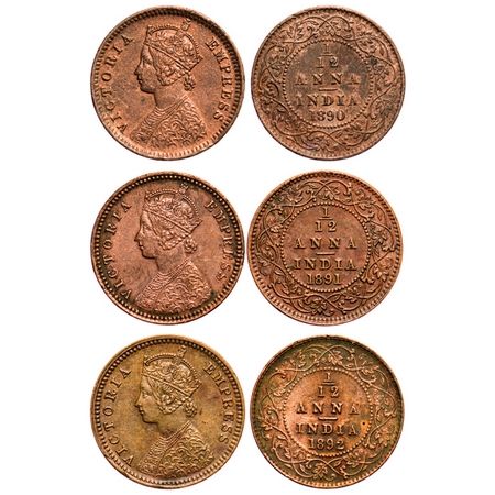 Victoria Empress, Copper, 1/12 Anna (3 coins), 1) 1890, Calcutta Mint, Obv 'B', No mint ma