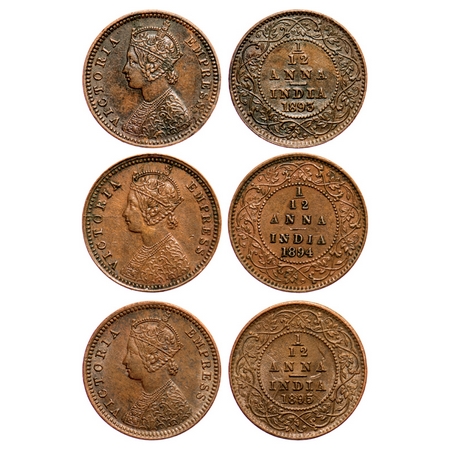 Victoria Empress, Copper, 1/12 Anna (3 coins), Calcutta Mint, Obv 'B', No mint mark, 1) 18