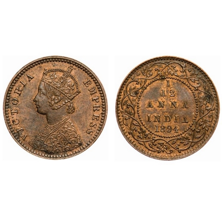 Victoria Empress, Copper, 1/12 Anna, 1894, Calcutta Mint, Obv 'B', No mint mark. F. Prid #