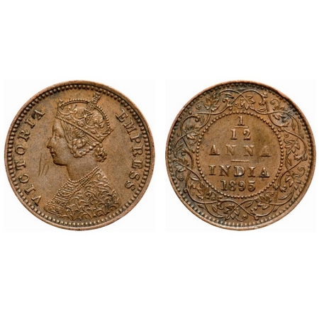 Victoria Empress, Copper, 1/12 Anna, 1895, Calcutta Mint, Obv 'B', No mint mark. F. Prid #