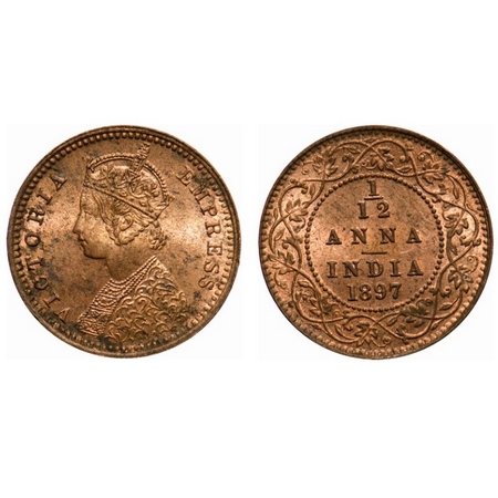 Victoria Empress, Copper, 1/12 Anna, 1897, Calcutta Mint, Obv 'B', No mint mark, Ghost on