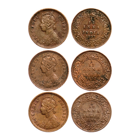 Victoria Empress, Copper, 1/12 Anna (3 coins), Calcutta Mint, Obv 'B', No mint mark, 1) 18