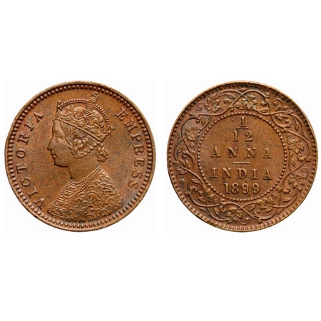 Victoria Empress, Copper, 1/12 Anna, 1899, Calcutta Mint, Obv 'B', No mint mark. F. Prid #