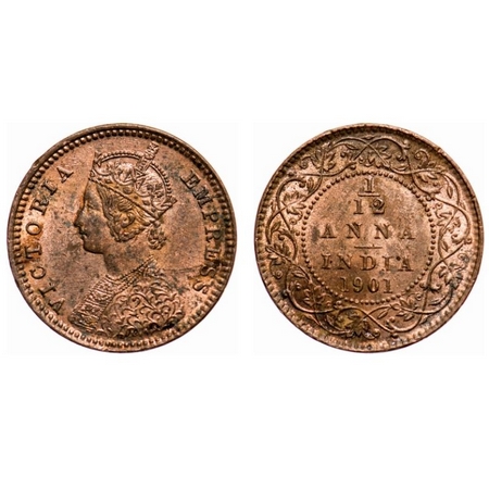 Victoria Empress, Copper, 1/12 Anna, 1901, Calcutta Mint, Obv 'B', No mint mark. F. Prid #