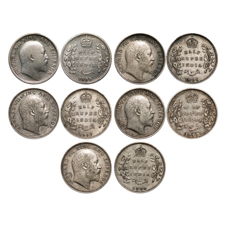 Edward VII, Silver, Half Rupee (5 coins), Calcutta Mint, No mint mark,1905, 1906, 1907, 19