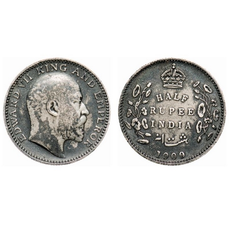 Edward VII, Silver, Half Rupee, 1909, Calcutta Mint, No mint mark. F. Prid # 313. GK 969. 