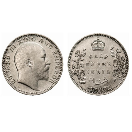 Edward VII, Silver, Half Rupee, 1910, Calcutta Mint, No mint mark. F. Prid # 314. GK 971. 