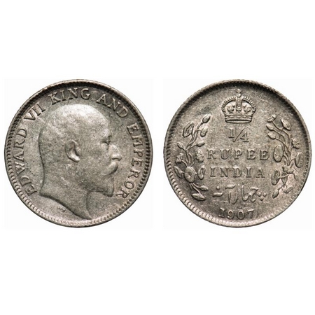 Edward VII, Silver, 1/4 Rupee, 1907, Calcutta Mint, No mint mark. F. Prid # 436. GK 976. E