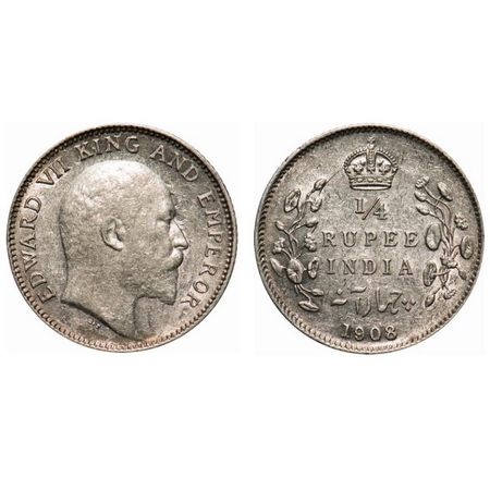 Edward VII, Silver, 1/4 Rupee, 1908, Calcutta Mint, No mint mark, Ghost on Obv and Rev. F.