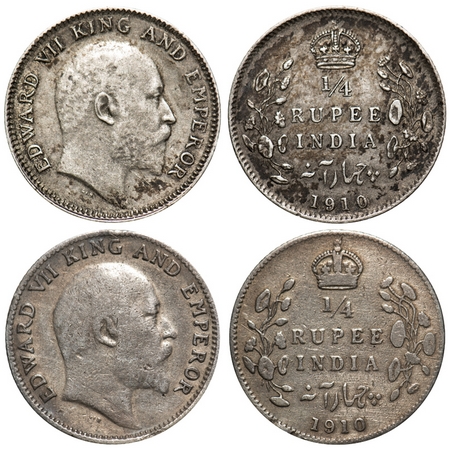 Edward VII, Silver, 1/4 Rupee (2 coins), 1910, 1) Calcutta Mint, No mint mark, 2) Bombay M
