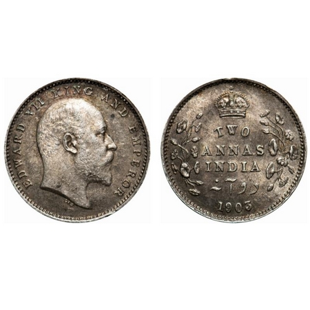 Edward VII, Silver, 2 Annas, 1903, Calcutta Mint, No mint mark, Die doubling of few letter