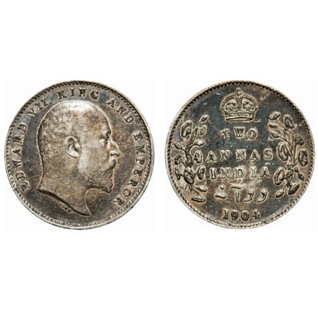 Edward VII, Silver, 2 Annas, 1904, Calcutta Mint, No mint mark. F. Prid # 557. GK 981. Ton