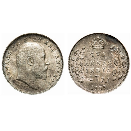 Edward VII, Silver, 2 Annas, 1905, Calcutta Mint, No mint mark, Die crack on Obv. F. Prid 