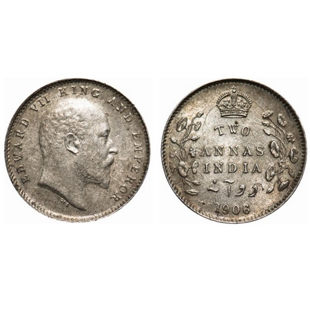 Edward VII, Silver, 2 Annas, 1906, Calcutta Mint, No mint mark, Ghost on Rev. F. Prid # 55