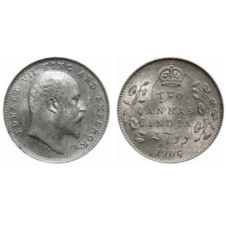 Edward VII, Silver, 2 Annas, 1906, Calcutta Mint, No mint mark, Ghost on Rev, Die crack on