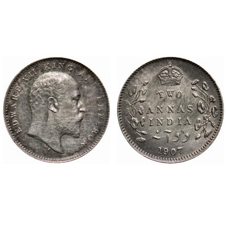 Edward VII, Silver, 2 Annas, 1907, Calcutta Mint, No mint mark, Alphabate 'D' of And is di