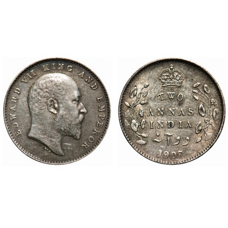 Edward VII, Silver, 2 Annas, 1907, Calcutta Mint, No mint mark, Ghost on Rev. F. Prid # 56