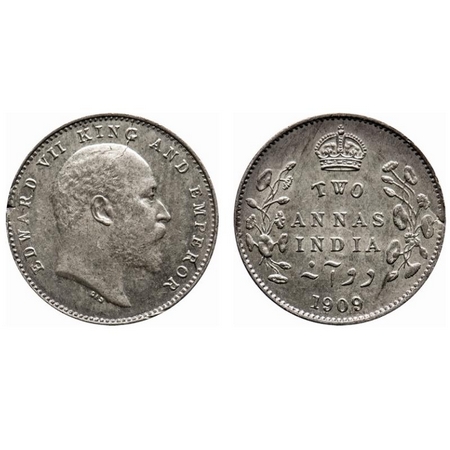 Edward VII, Silver, 2 Annas, 1909, Calcutta Mint, No mint mark, Die crack on Obv, A nick o