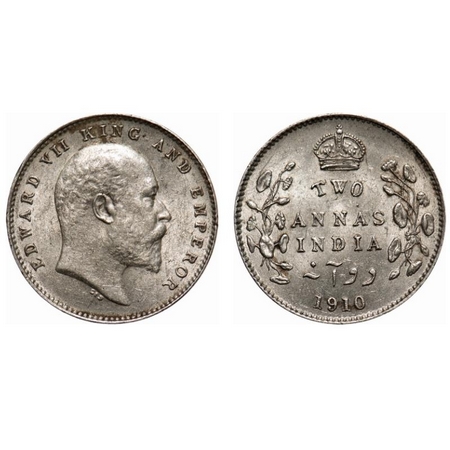 Edward VII, Silver, 2 Annas, 1910, Calcutta Mint, No mint mark. F. Prid # 563. GK 987. Alm