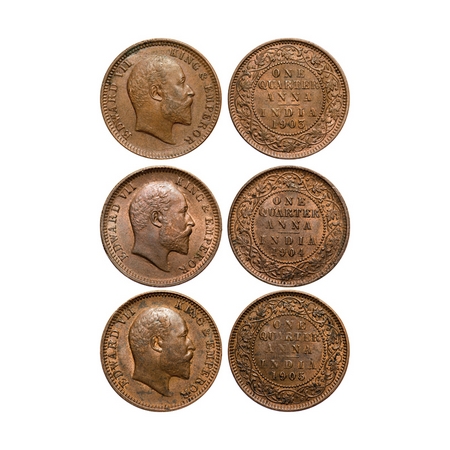Edward VII, Copper, Quarter Anna (3 coins), Calcutta Mint, No mint mark, 1) 1903, Die crac