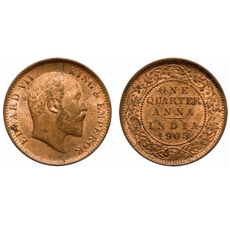 Edward VII, Copper, Quarter Anna, 1905, Calcutta Mint, No mint mark, Die cracks on Obv. F.