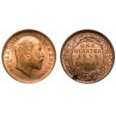 Edward VII, Copper, Quarter Anna, 1906, (6.48gm), Calcutta Mint, No mint ,mark, Ghost on O