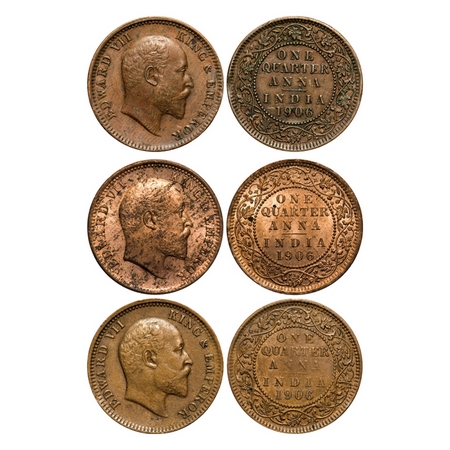 Edward VII, Copper & Bronze, Quarter Anna (3 coins), Calcutta Mint, No mint mark, 1) 1906,