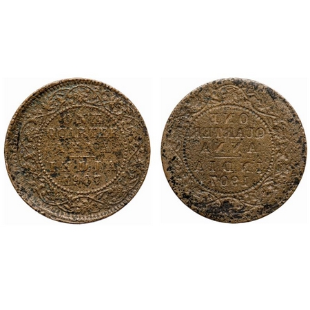 Edward VII, Bronze, Quarter Anna, 1907, (4.47 g) (25.47 mm), Calcutta Mint, No mint mark, 