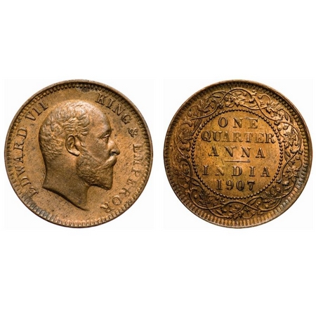 Edward VII, Bronze, Quarter Anna, 1907, Calcutta Mint, No mint mark, Ghost on Rev. F. Prid