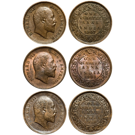 Edward VII, Bronze, Quarter Anna (3 coins), 1907, 1908, 1910, Calcutta Mint, No mint mark.