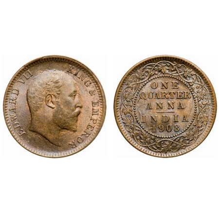 Edward VII, Bronze, Quarter Anna, 1908, Calcutta Mint, No mint mark, Ghost on Obv and Rev,