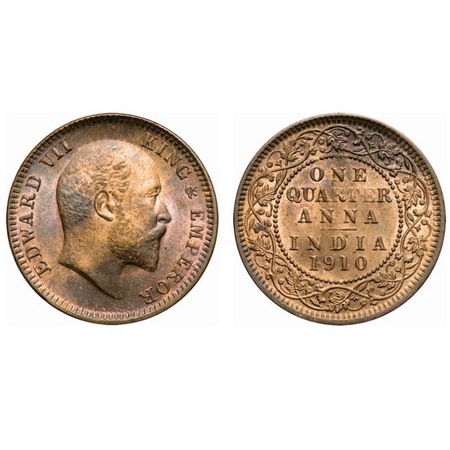 Edward VII, Bronze, Quarter Anna, 1910, Calcutta Mint, No mint mark, Die crack on Obv. F. 