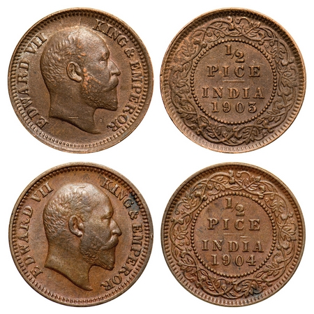 Edward VII, Copper, 1/2 Pice (2 coins), Calcutta Mint, No mint mark, 1) 1903, Die cracks o