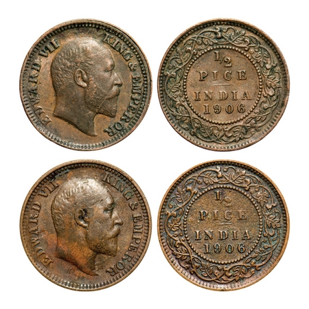 Edward VII, Copper & Bronze, 1/2 Pice (2 coins), Calcutta Mint, No mint mark, 1) 1906, Cop