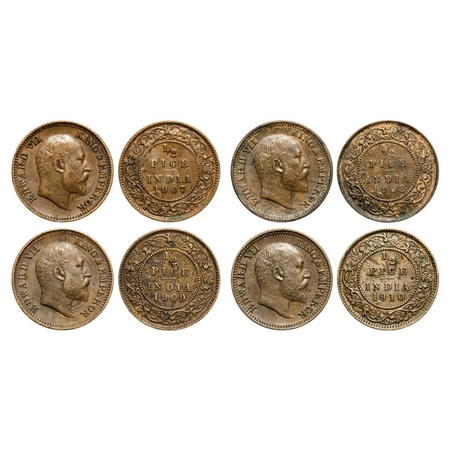 Edward VII, Bronze, 1/2 Pice (4 coins), Calcutta Mint, No mint mark, 1) 1907, Ghost on Rev