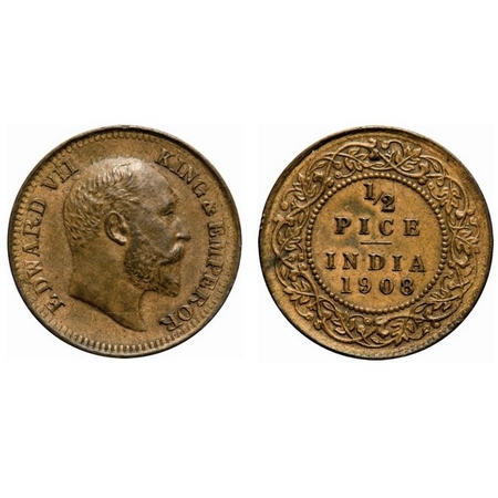 Edward VII, Bronze, 1/2 Pice, 1908, Calcutta Mint, No mint mark, Ghost on Obv and Rev, Mul