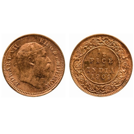 Edward VII, Bronze, 1/2 Pice, 1909, Calcutta Mint, No mint mark, Die cracks on Obv and Rev