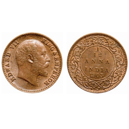 Edward VII, Copper, 1/12 Anna, 1903, Calcutta Mint, No mint mark, Ghost on Obv and Rev. F.