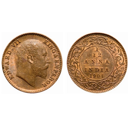 Edward VII, Copper, 1/12 Anna, 1904, Calcutta Mint, No mint mark, Die crack on Obv. F. Pri