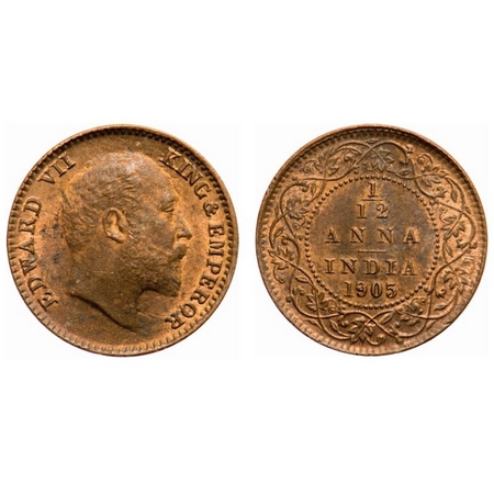 Edward VII, Copper, 1/12 Anna, 1905, Calcutta Mint, No mint mark, Die crack on Obv, Ghost