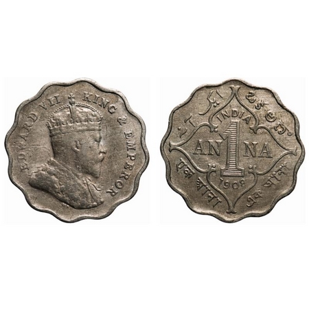 Edward VII, Copper-Nickel, 1 Anna, 1908, Bombay Mint, 'B' incused, Scalloped round. F. Pri