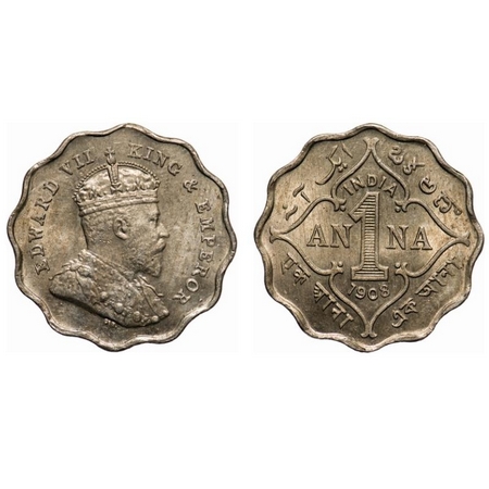 Edward VII, Copper-Nickel, 1 Anna, 1908, Bombay Mint, 'B' incused, Scalloped round. F. Pri