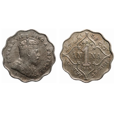 Edward VII, Copper-Nickel, 1 Anna, 1909, Bombay Mint, 'B' incused, Scalloped round. F. Pri